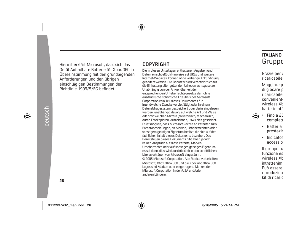Gruppo batterie ricaricabile xbox 360, De ut sc h, Copyright | Microsoft X11-29974-02 User Manual | Page 26 / 76
