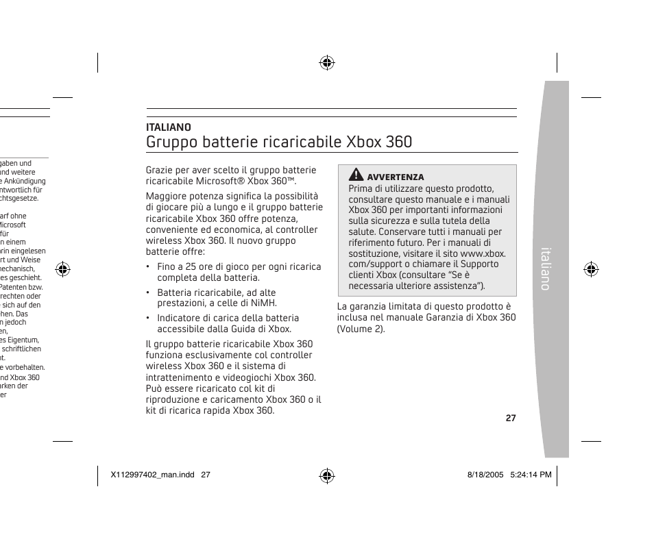 Gruppo batterie ricaricabile xbox 360, Ita lia no, Copyright | Microsoft X11-29974-02 User Manual | Page 27 / 76