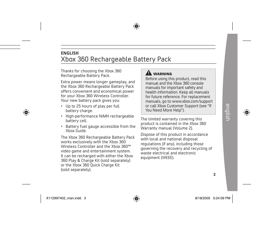 Xbox 360 rechargeable battery pack, En gli sh | Microsoft X11-29974-02 User Manual | Page 3 / 76
