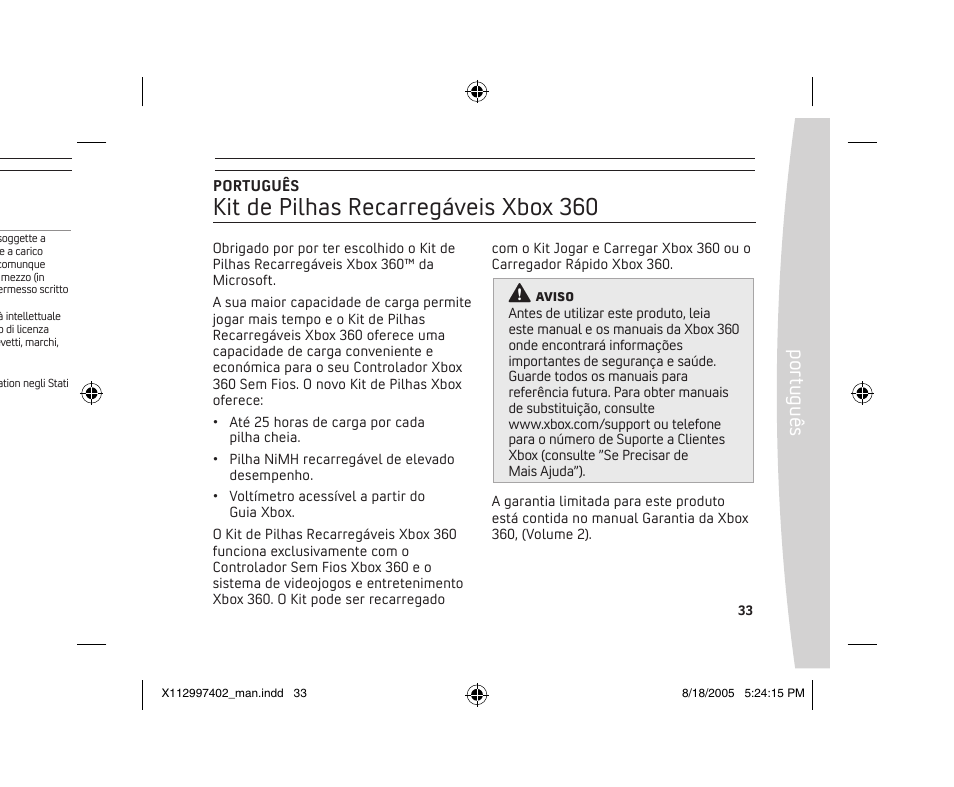 Kit de pilhas recarregáveis xbox 360, Po rtu gu ês | Microsoft X11-29974-02 User Manual | Page 33 / 76