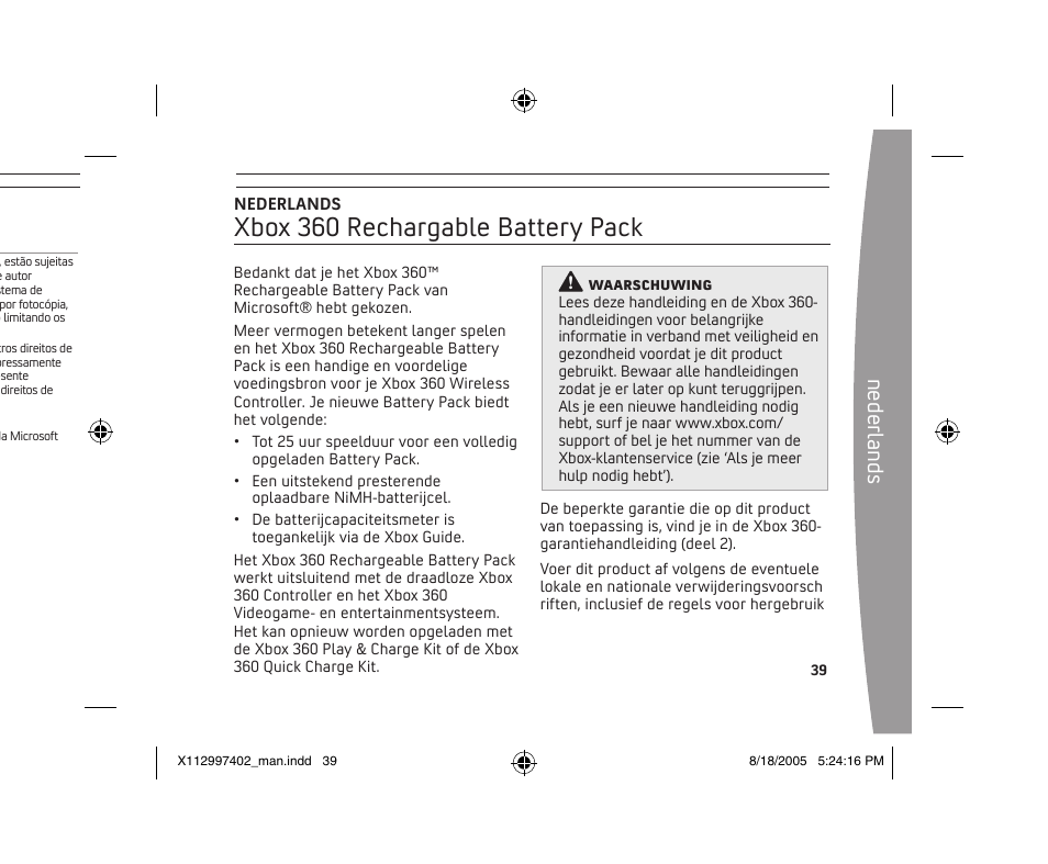 Xbox 360 rechargable battery pack, Ne de rla nd s | Microsoft X11-29974-02 User Manual | Page 39 / 76