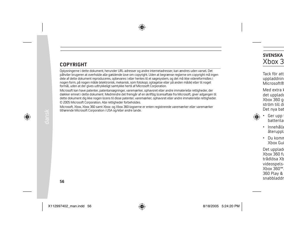 Xbox 360 uppladdningsbart batteripaket, Da ns k | Microsoft X11-29974-02 User Manual | Page 56 / 76