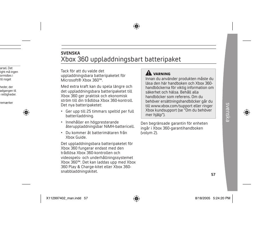 Xbox 360 uppladdningsbart batteripaket, Sv en sk a | Microsoft X11-29974-02 User Manual | Page 57 / 76