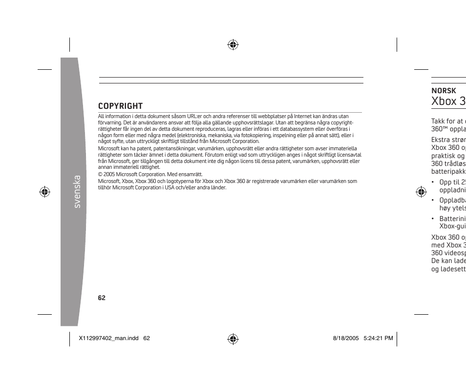 Xbox 360 oppladbar batteripakke, Sv en sk a | Microsoft X11-29974-02 User Manual | Page 62 / 76