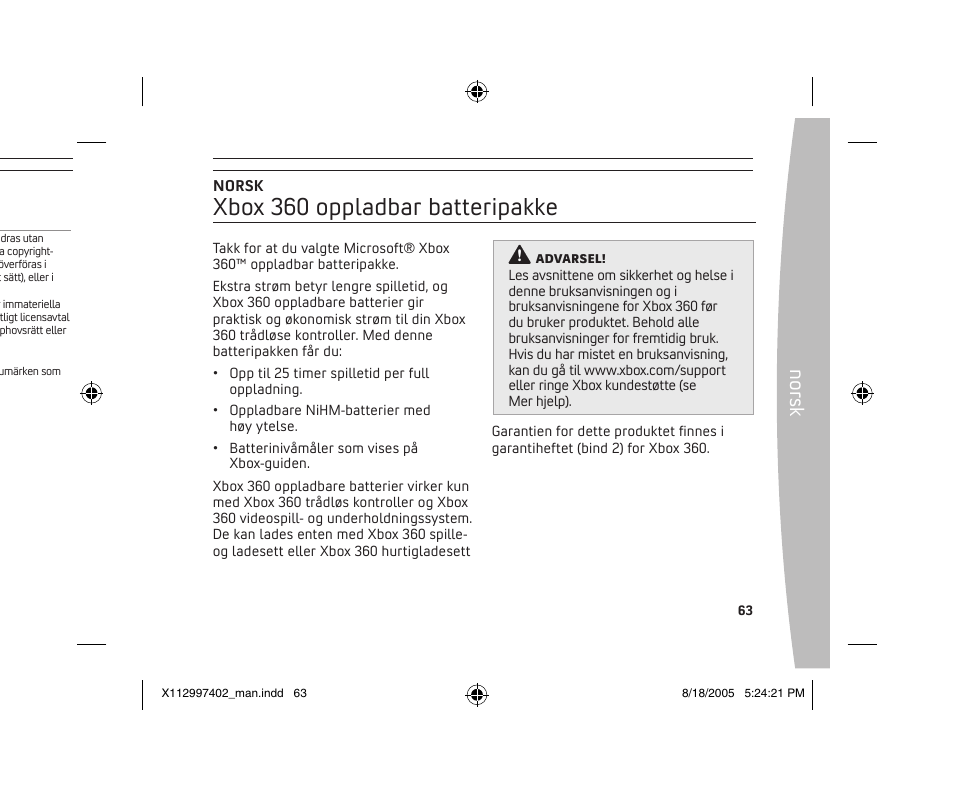 Xbox 360 oppladbar batteripakke, No rs k | Microsoft X11-29974-02 User Manual | Page 63 / 76