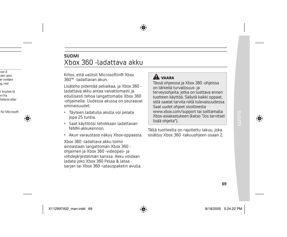 Xbox 360 -ladattava akku, Su om i | Microsoft X11-29974-02 User Manual | Page 69 / 76