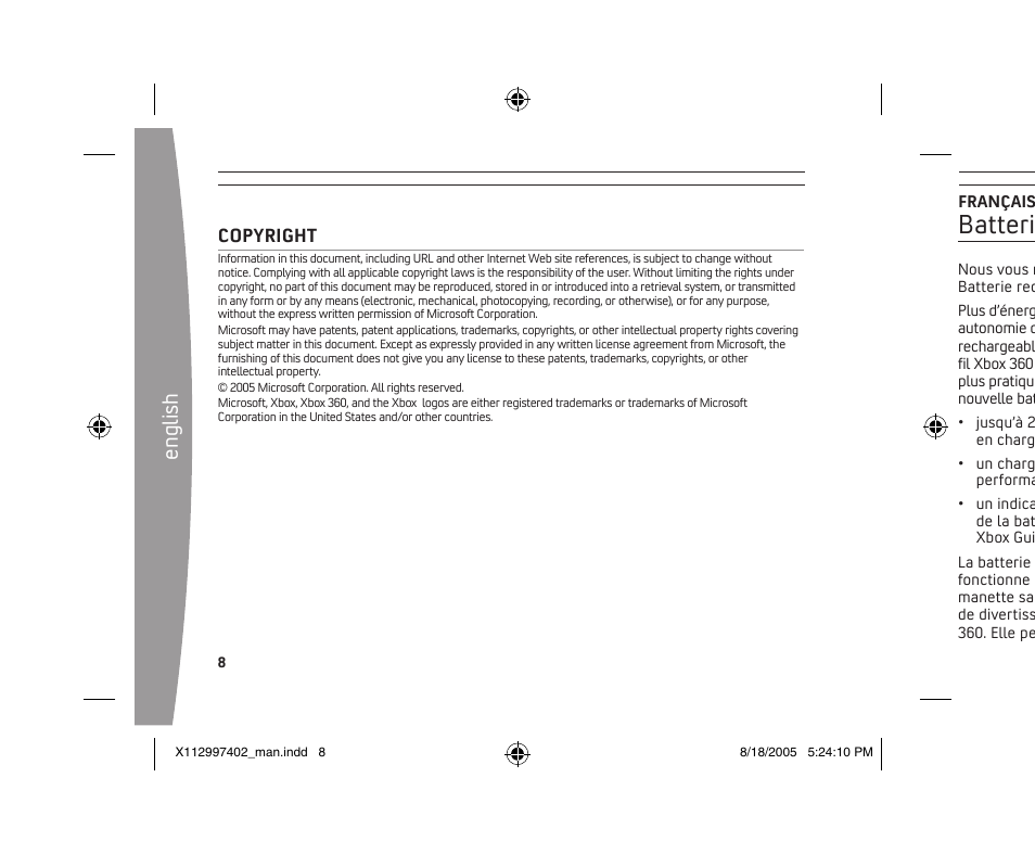 Batterie rechargeable xbox 360, En gl is h | Microsoft X11-29974-02 User Manual | Page 8 / 76