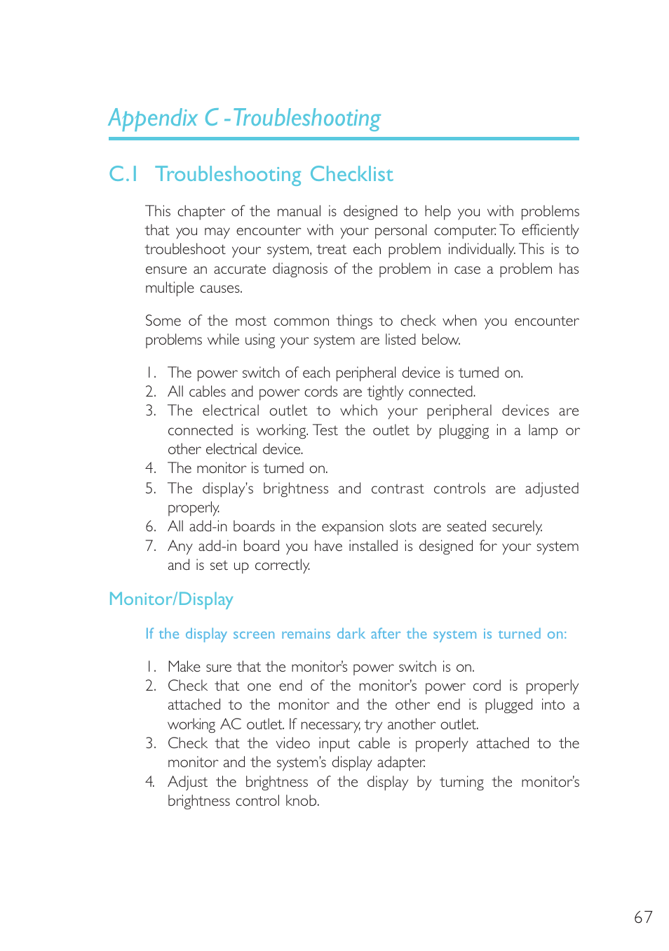 Troubleshooting, Troubleshooting checklist, Appendix c - troubleshooting | C.1 troubleshooting checklist | Microsoft G7VP2 User Manual | Page 67 / 70