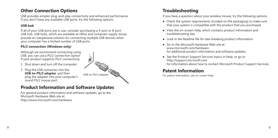 Other connection options, Product information and software updates, Troubleshooting | Patent information | Microsoft X11-27312 User Manual | Page 6 / 8