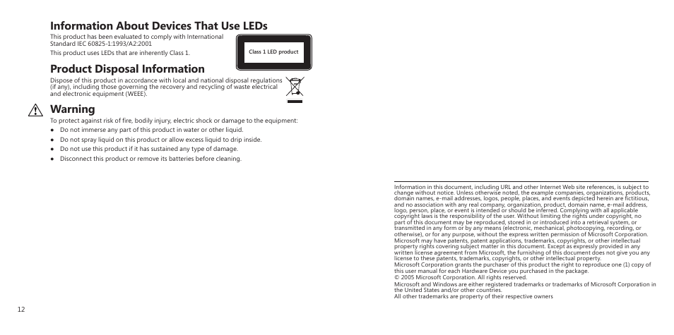 Information about devices that use leds, Product disposal information, Warning | Microsoft X11-27312 User Manual | Page 8 / 8