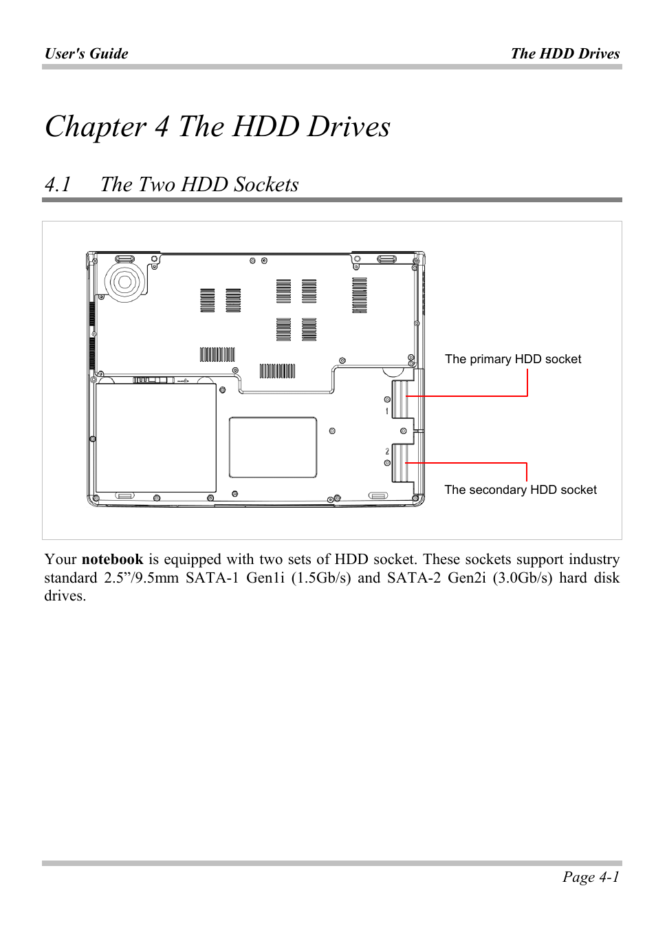 Chapter 4 the hdd drives, 1 the two hdd sockets, Chapter 4 the hdd drives -1 | Ockets | Microsoft W840DI User Manual | Page 41 / 58