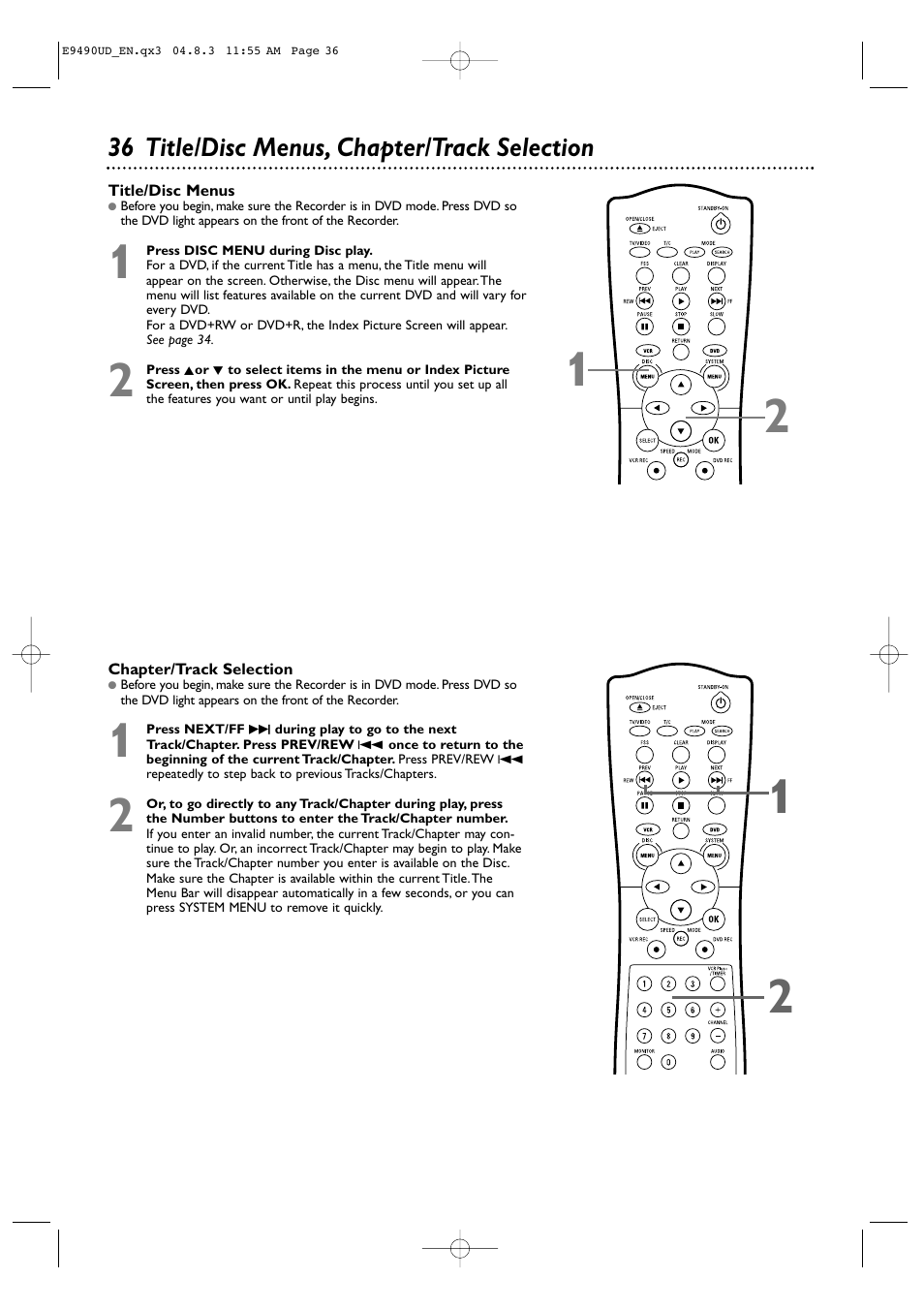 36 title/disc menus, chapter/track selection | Philips Magnavox MRV700VR User Manual | Page 36 / 90