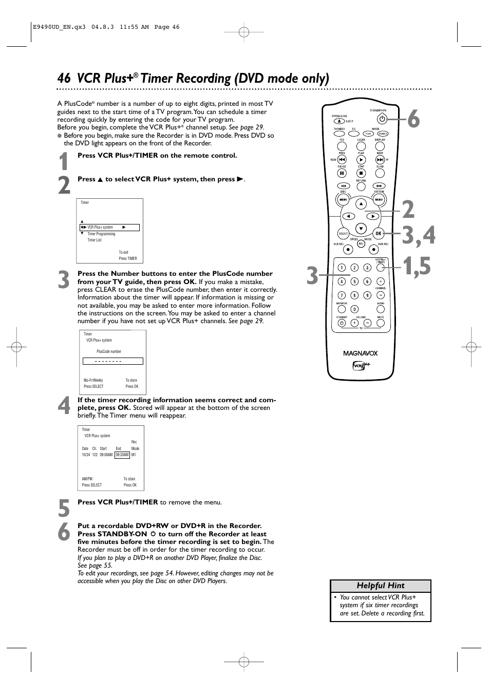 46 vcr plus, Timer recording (dvd mode only) | Philips Magnavox MRV700VR User Manual | Page 46 / 90