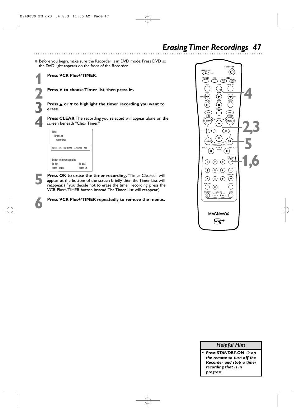 Erasing timer recordings 47 | Philips Magnavox MRV700VR User Manual | Page 47 / 90