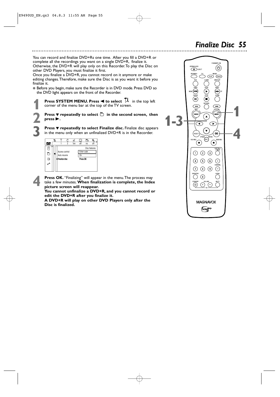 Finalize disc 55 | Philips Magnavox MRV700VR User Manual | Page 55 / 90
