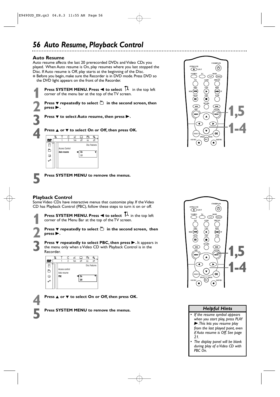56 auto resume, playback control | Philips Magnavox MRV700VR User Manual | Page 56 / 90
