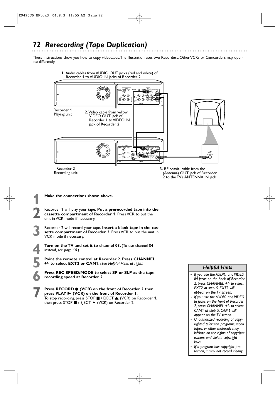 72 rerecording (tape duplication) | Philips Magnavox MRV700VR User Manual | Page 72 / 90