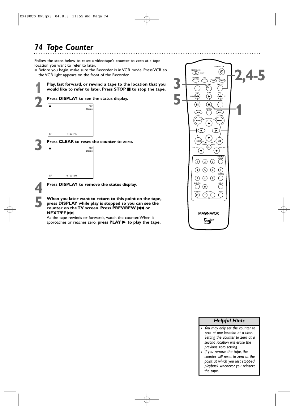 74 tape counter | Philips Magnavox MRV700VR User Manual | Page 74 / 90