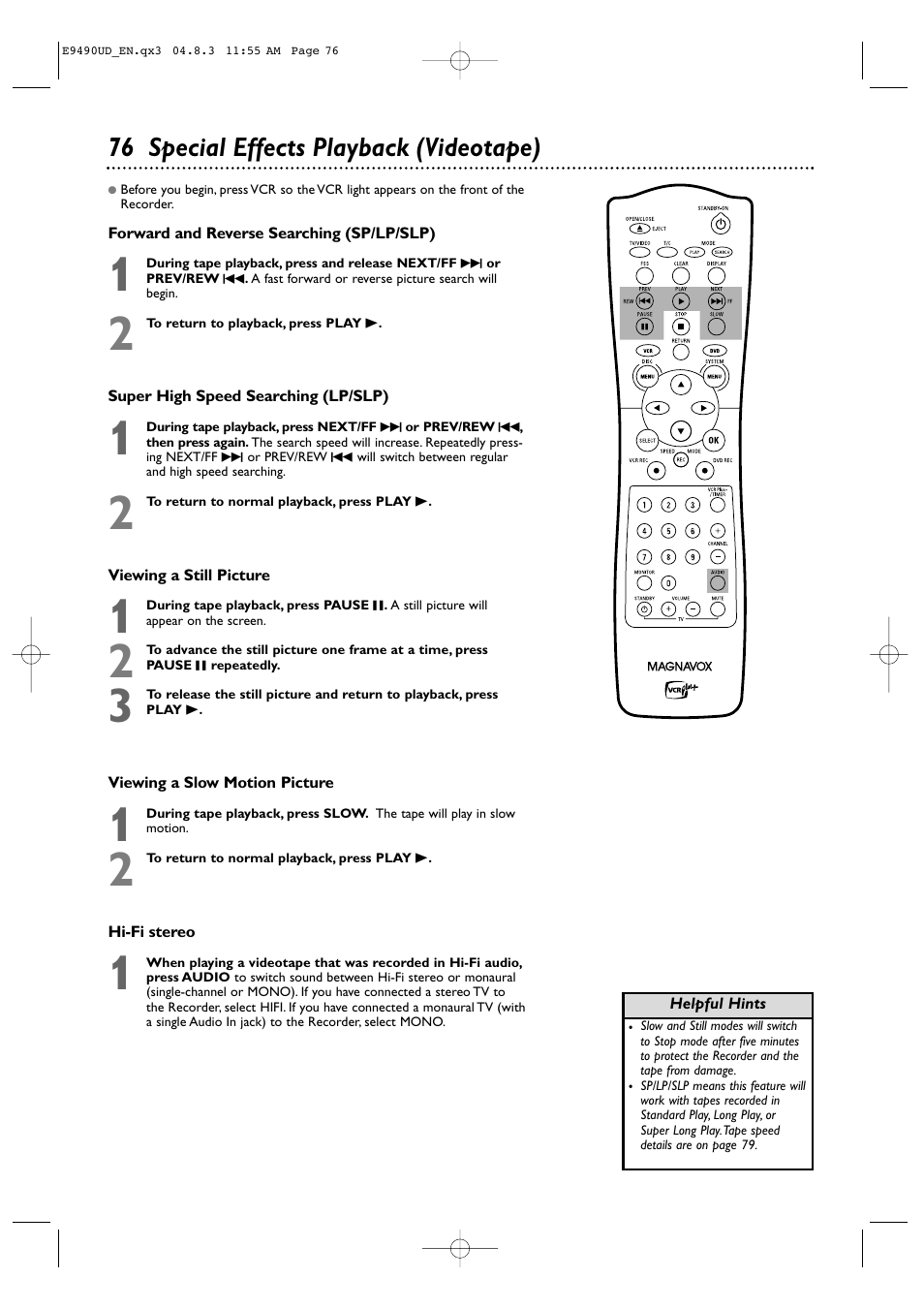 76 special effects playback (videotape) | Philips Magnavox MRV700VR User Manual | Page 76 / 90
