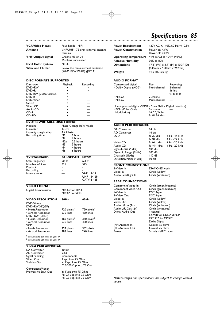 Specifications 85 | Philips Magnavox MRV700VR User Manual | Page 85 / 90