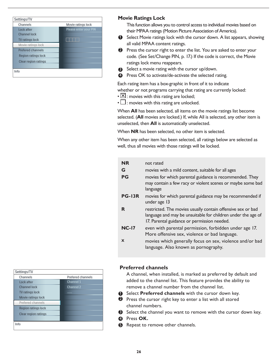 Preferred channels, Movie ratings lock | Philips Magnavox 32MF231D User Manual | Page 26 / 38
