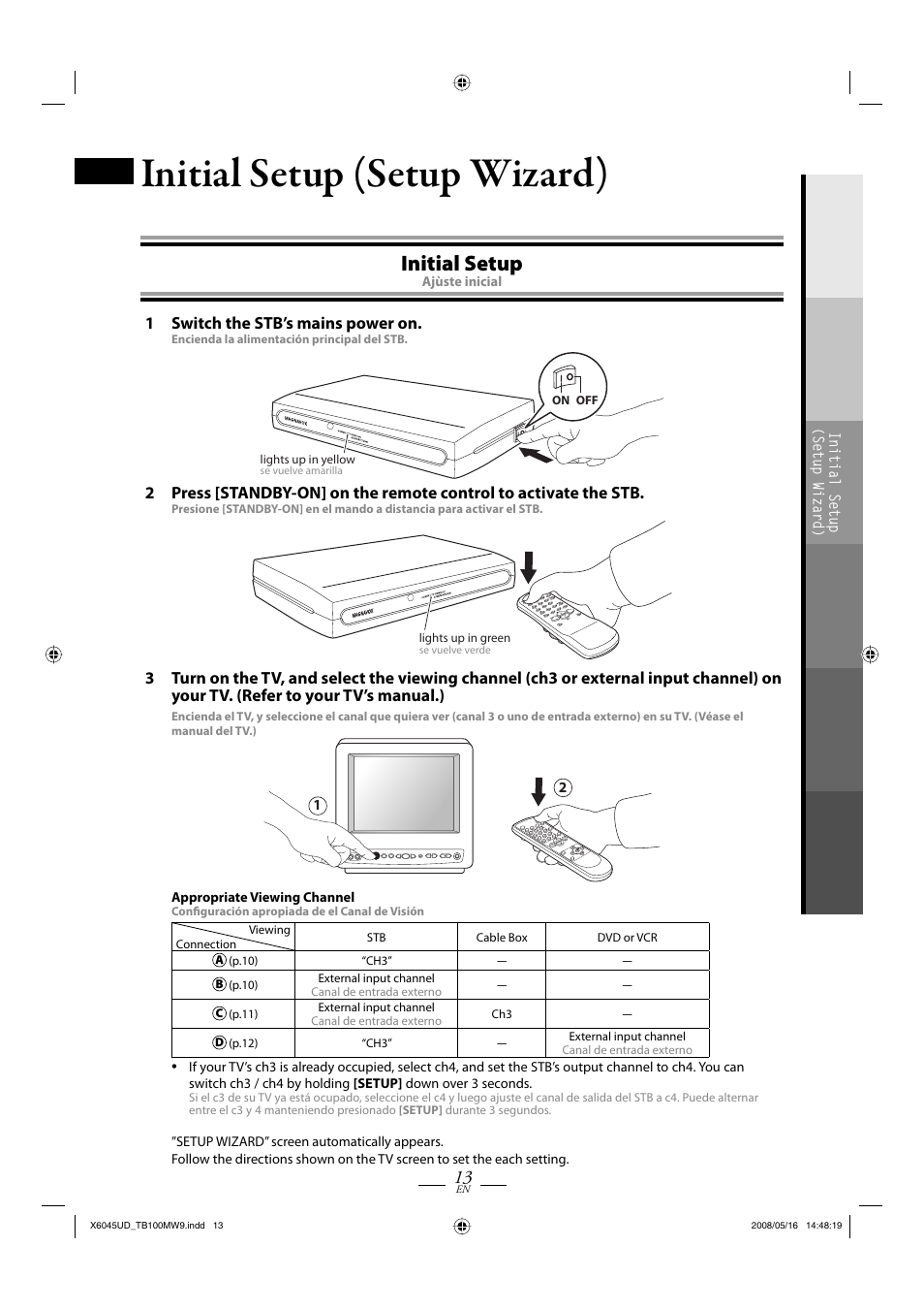 Initial setup (setup wizard), Initial setup, 1 switch the stb’s mains power on | Philips Magnavox TB100MW9A User Manual | Page 13 / 28