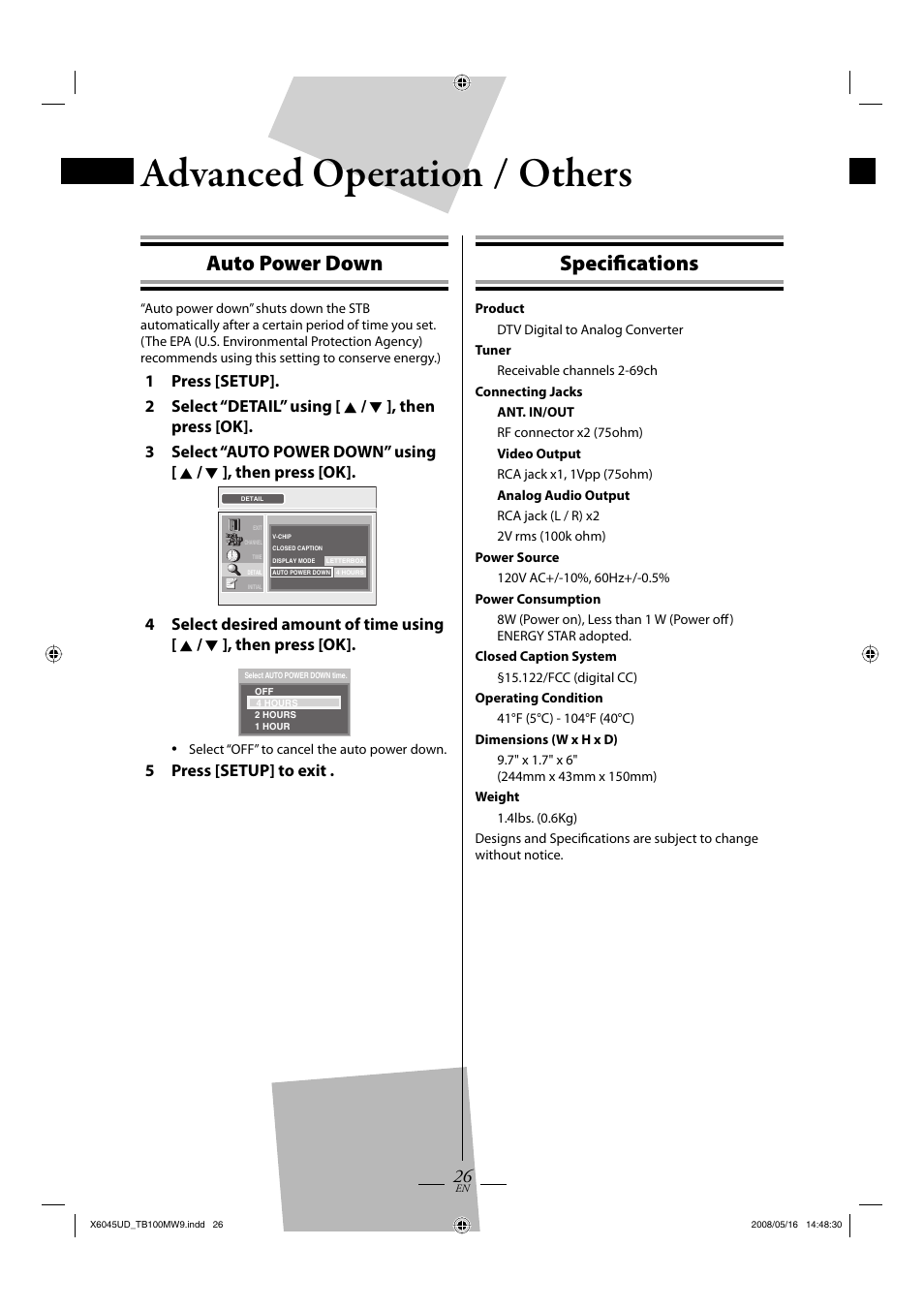 Advanced operation, Others, Auto power down | Specifi cations | Philips Magnavox TB100MW9A User Manual | Page 26 / 28