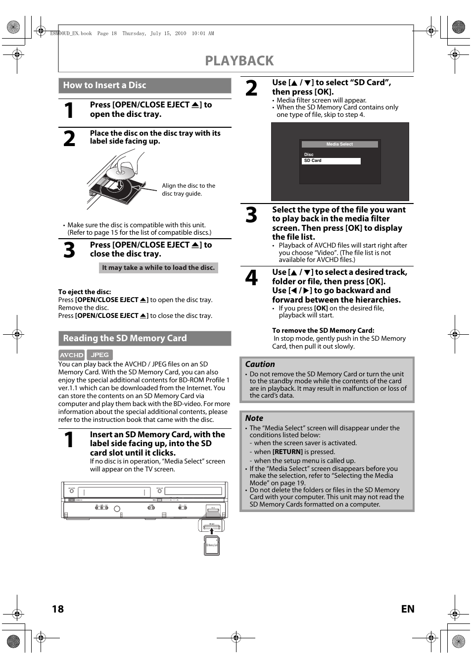 How to insert a disc, Reading the sd memory card, Playback | Philips Magnavox MBP110V/F7 User Manual | Page 18 / 48