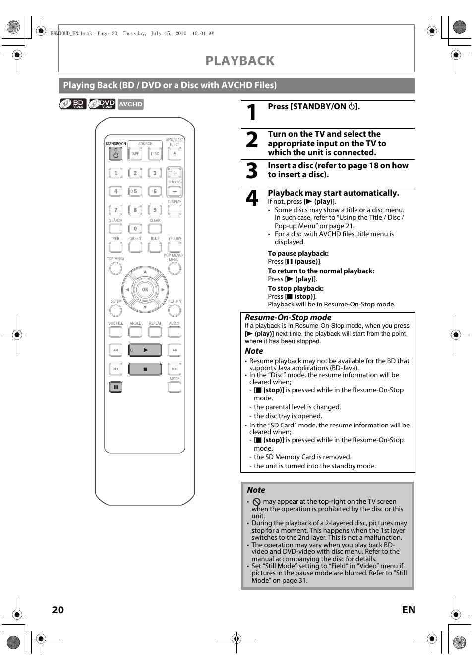 Playing back (bd / dvd or a disc with avchd files), Playback, 20 en | Philips Magnavox MBP110V/F7 User Manual | Page 20 / 48