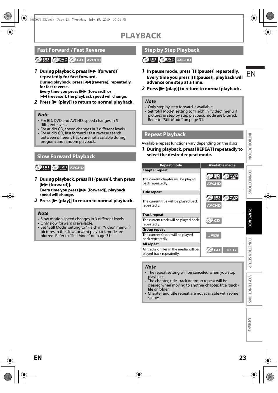 Fast forward / fast reverse, Slow forward playback, Step by step playback | Repeat playback, Playback en, 23 en | Philips Magnavox MBP110V/F7 User Manual | Page 23 / 48