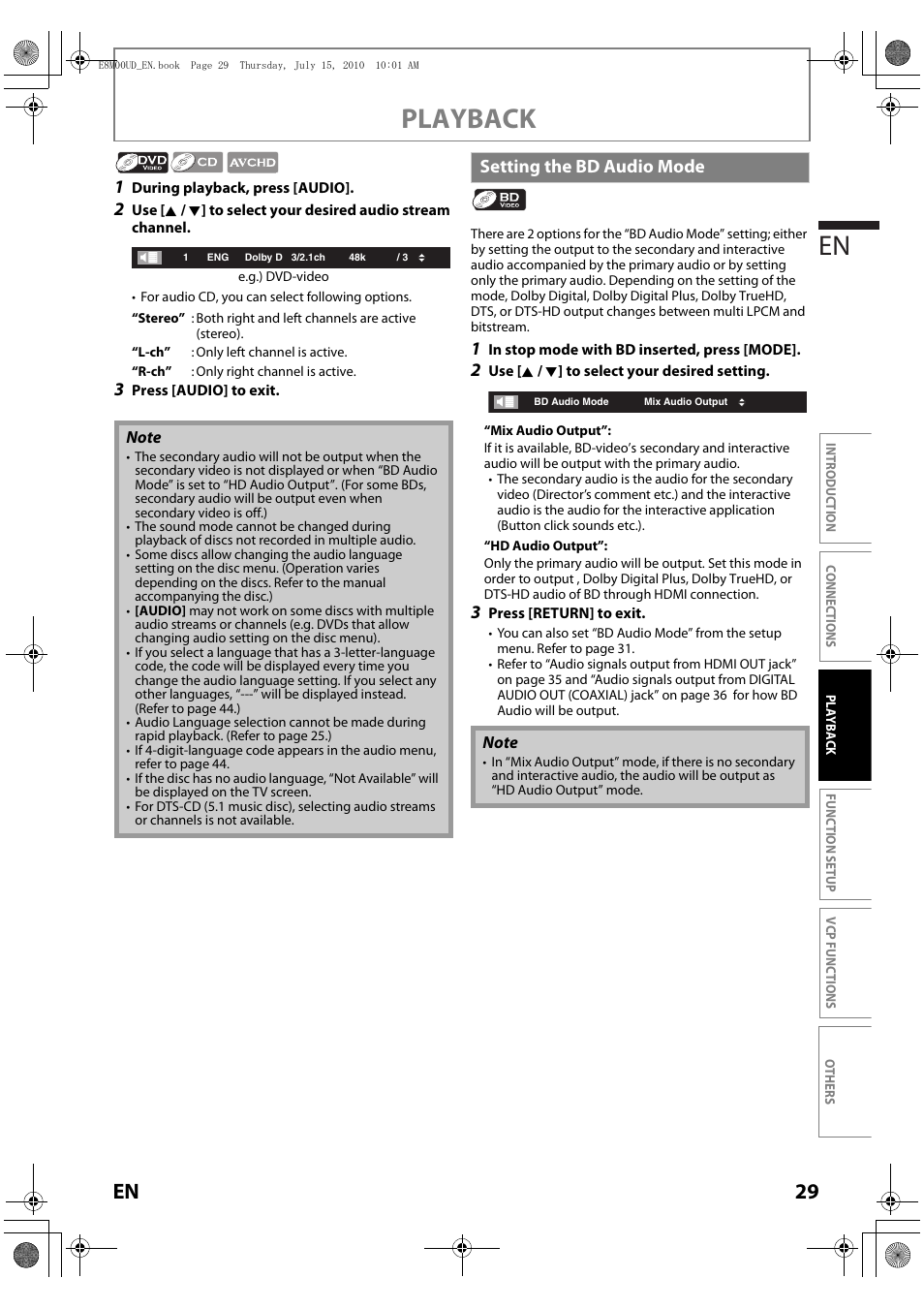 Setting the bd audio mode, Playback en, 29 en | Philips Magnavox MBP110V/F7 User Manual | Page 29 / 48