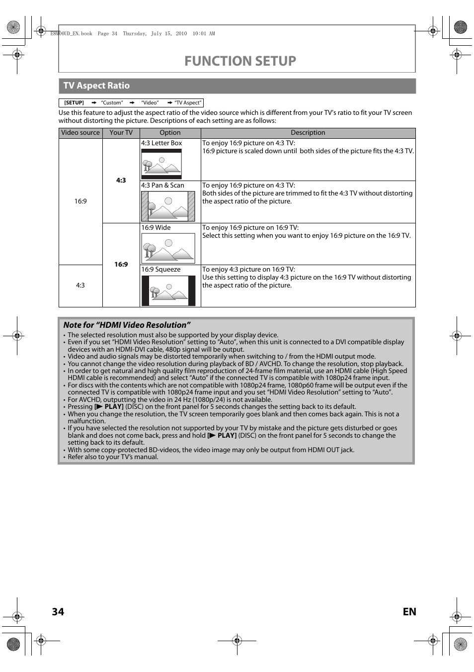 Tv aspect ratio, Function setup, 34 en | Philips Magnavox MBP110V/F7 User Manual | Page 34 / 48