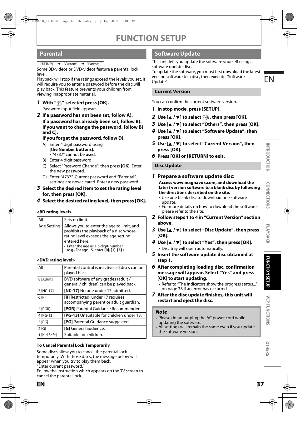 Parental, Software update, Function setup en | 37 en | Philips Magnavox MBP110V/F7 User Manual | Page 37 / 48
