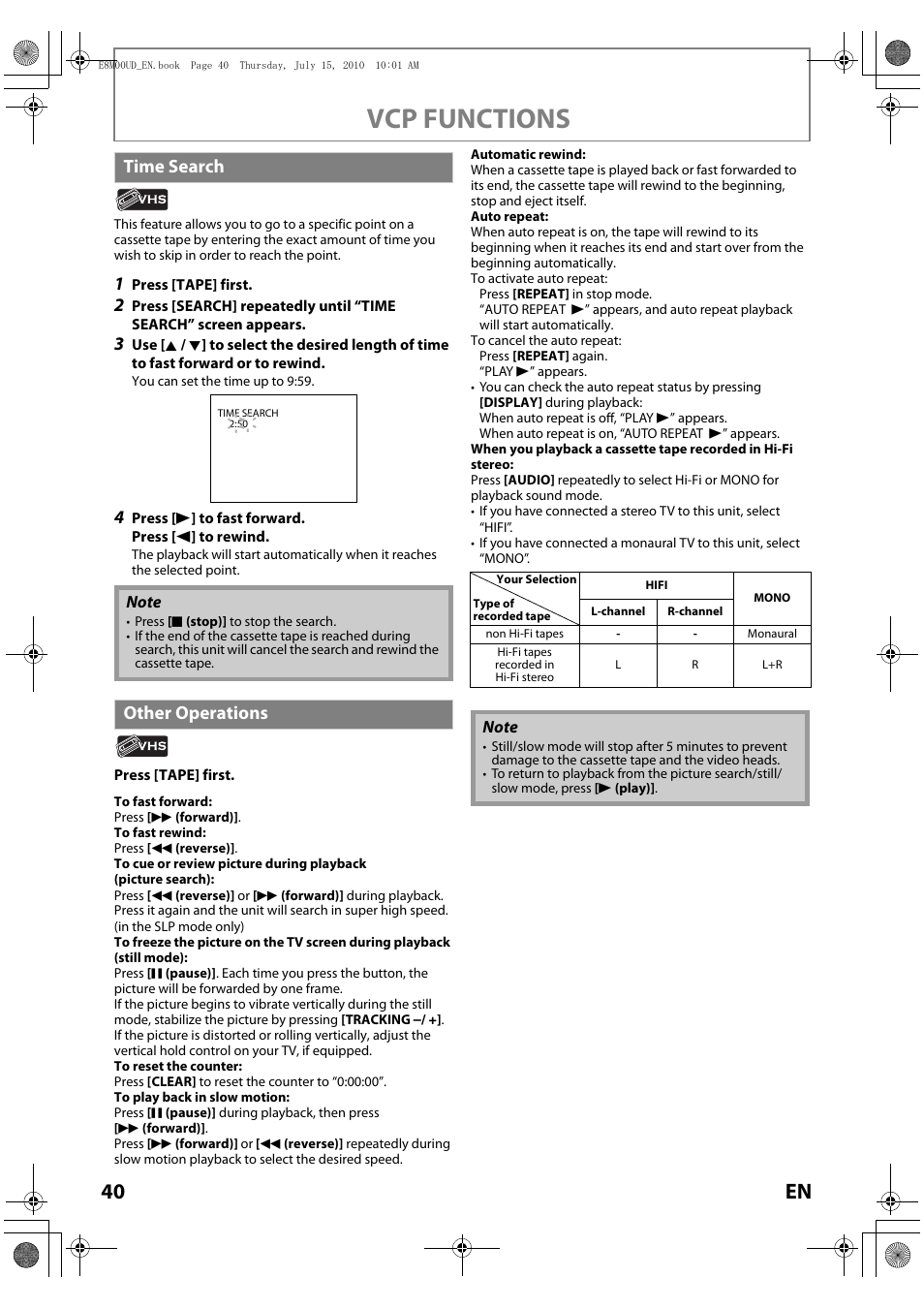 Time search, Other operations, Vcp functions | 40 en | Philips Magnavox MBP110V/F7 User Manual | Page 40 / 48