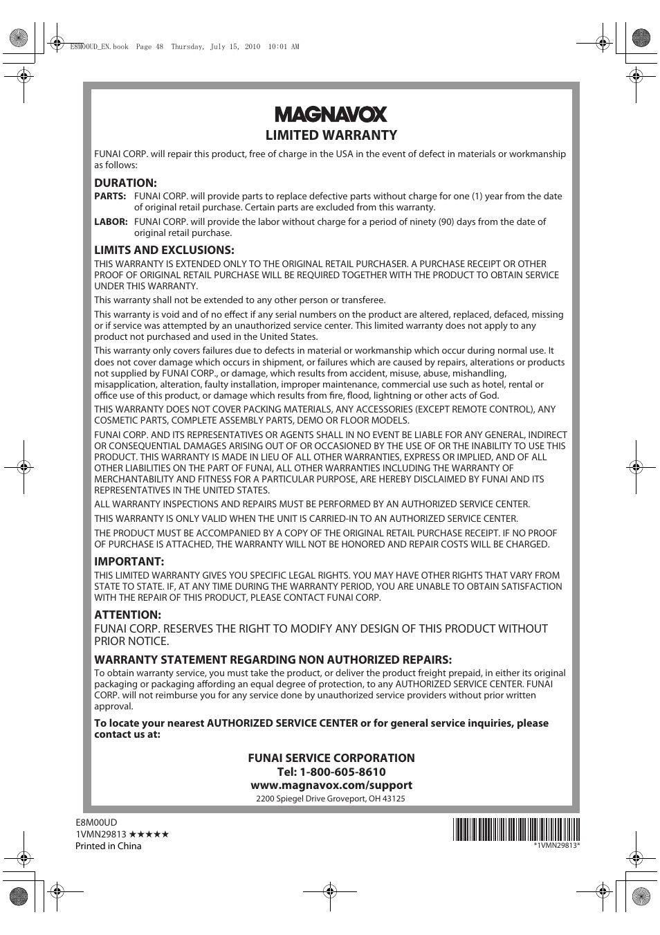 Limited warranty | Philips Magnavox MBP110V/F7 User Manual | Page 48 / 48