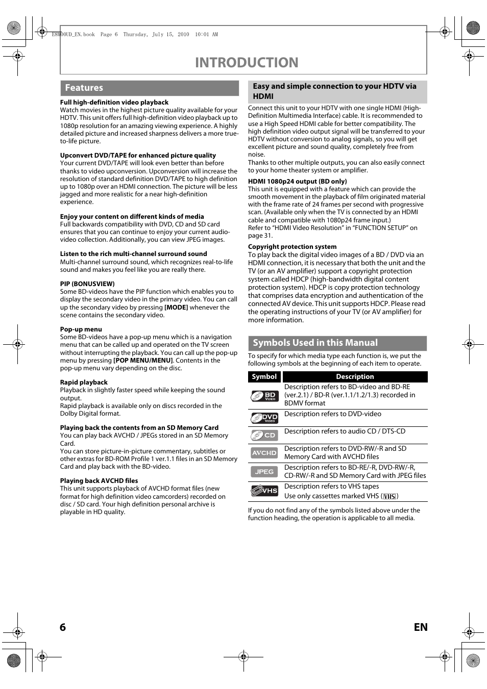 Features, Symbols used in this manual, Introduction | Philips Magnavox MBP110V/F7 User Manual | Page 6 / 48