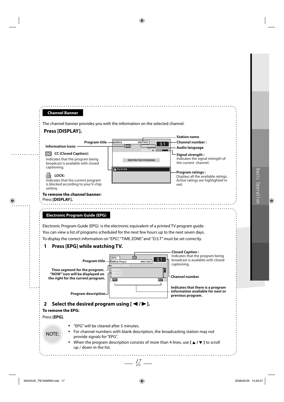 Press [display, 1 press [epg] while watching tv, 2 select the desired program using [ s / b | Basic operation | Philips Magnavox TB100MW9 User Manual | Page 17 / 28