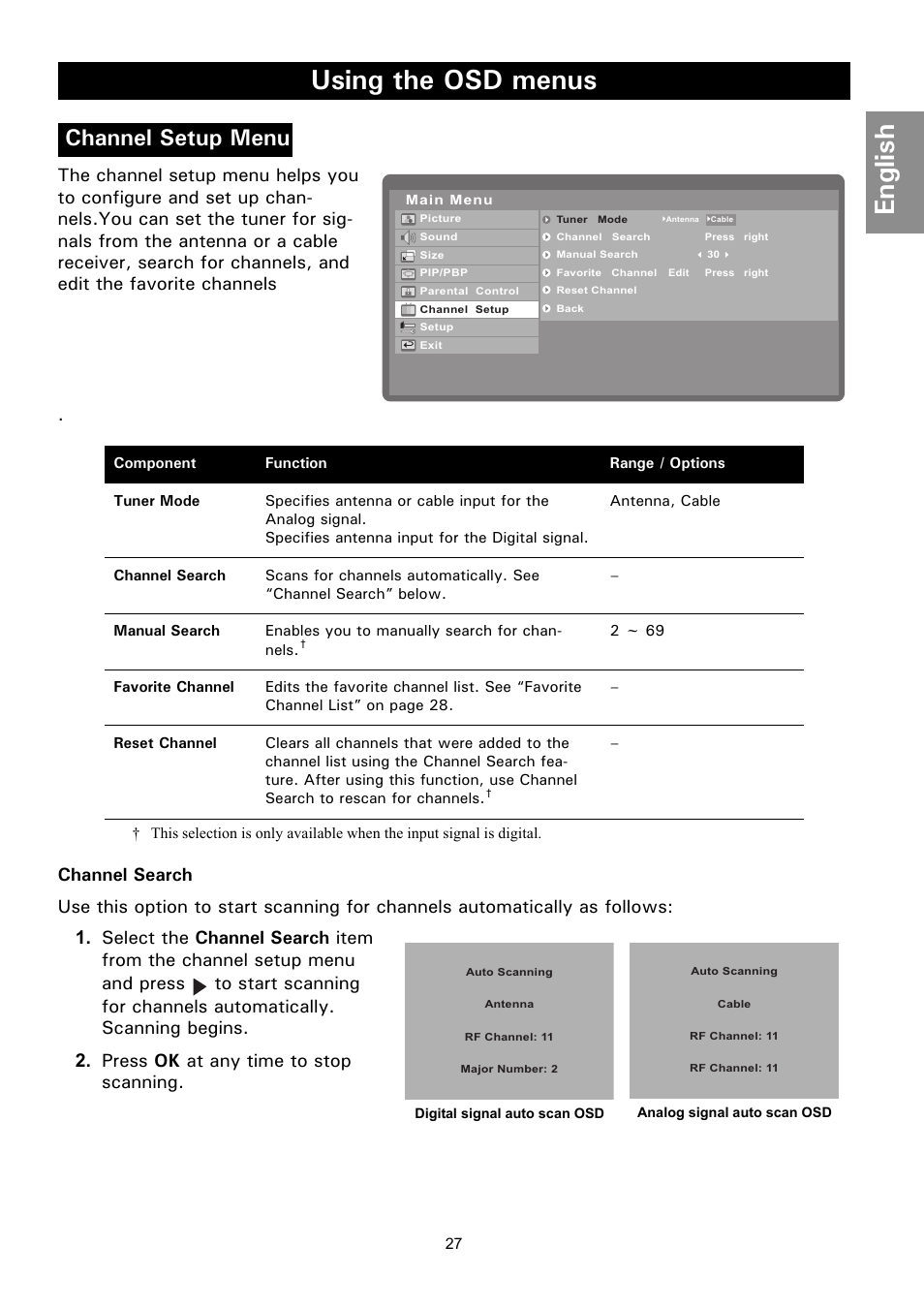 Channel setup menu, Channel search, Using the osd menus | English | Philips Magnavox 50ML8105D/17 User Manual | Page 33 / 80