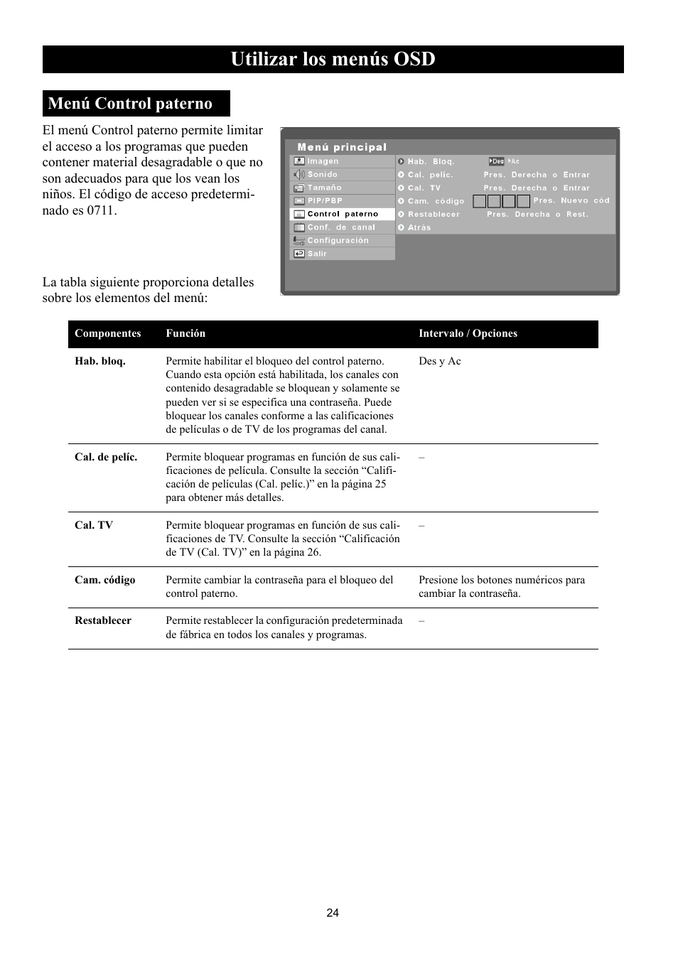 Menú control paterno, Utilizar los menús osd | Philips Magnavox 50ML8105D/17 User Manual | Page 69 / 80