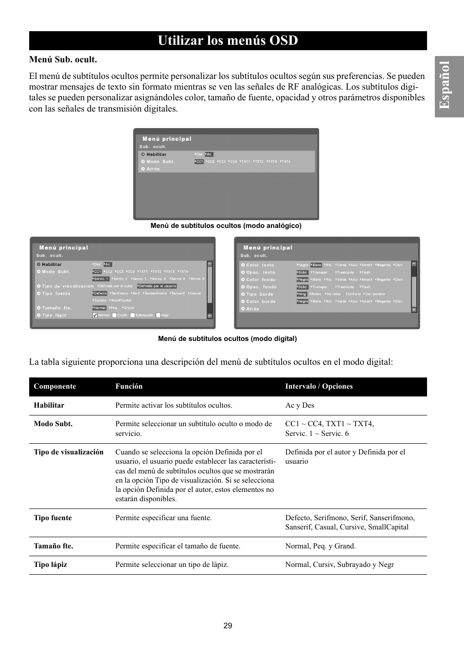 Menú sub. ocult, Utilizar los menús osd, Español | Philips Magnavox 50ML8105D/17 User Manual | Page 74 / 80