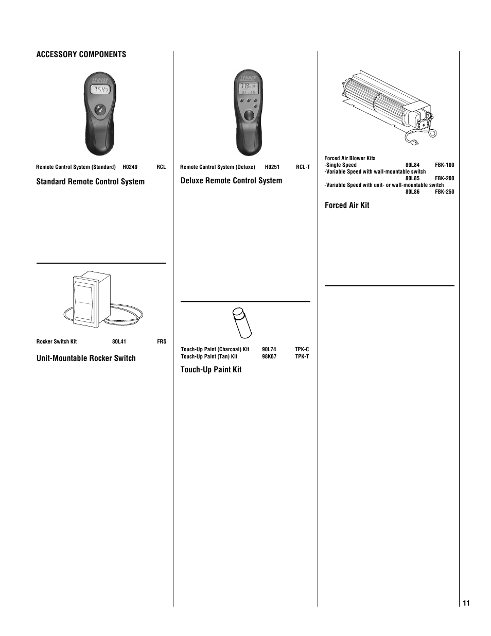 Unit-mountable rocker switch, Accessory components, Standard remote control system | Deluxe remote control system, Touch-up paint kit, Forced air kit | Philips Magnavox MPDR-3328CPE User Manual | Page 11 / 24
