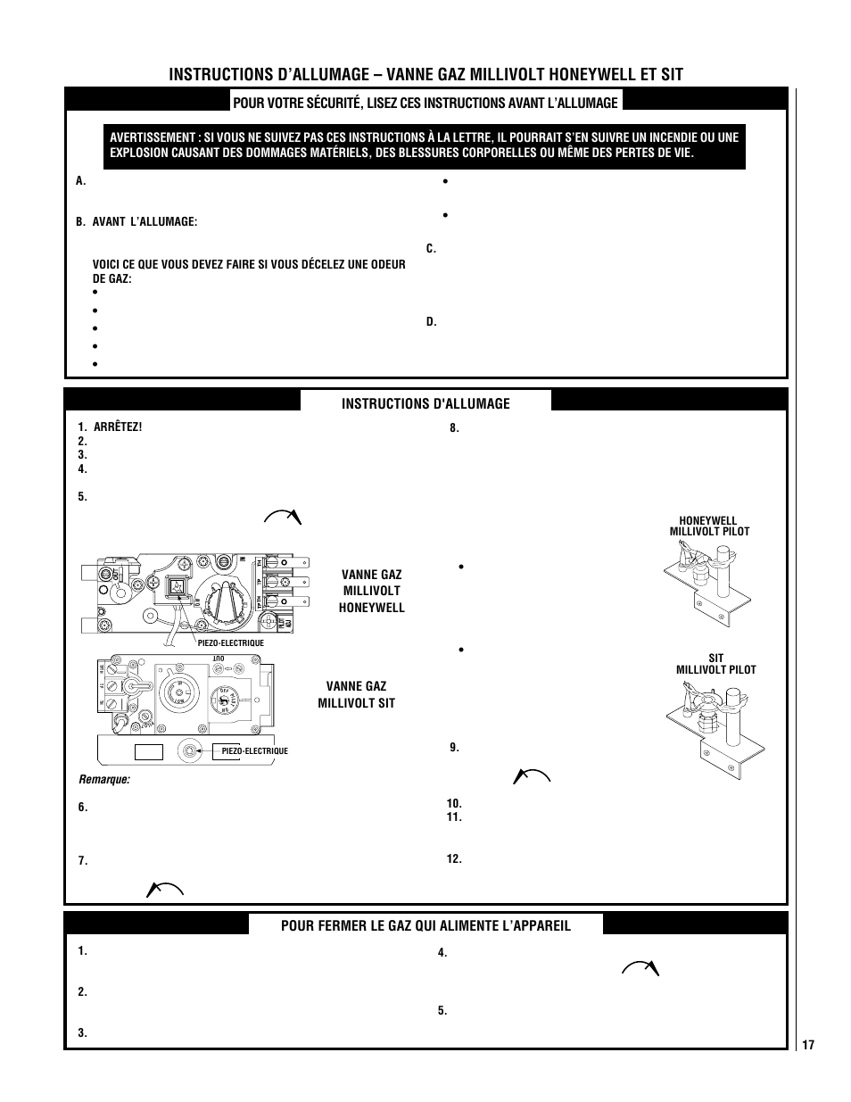 Instructions d'allumage, Pour fermer le gaz qui alimente l’appareil | Philips Magnavox MPDR-3328CPE User Manual | Page 17 / 24
