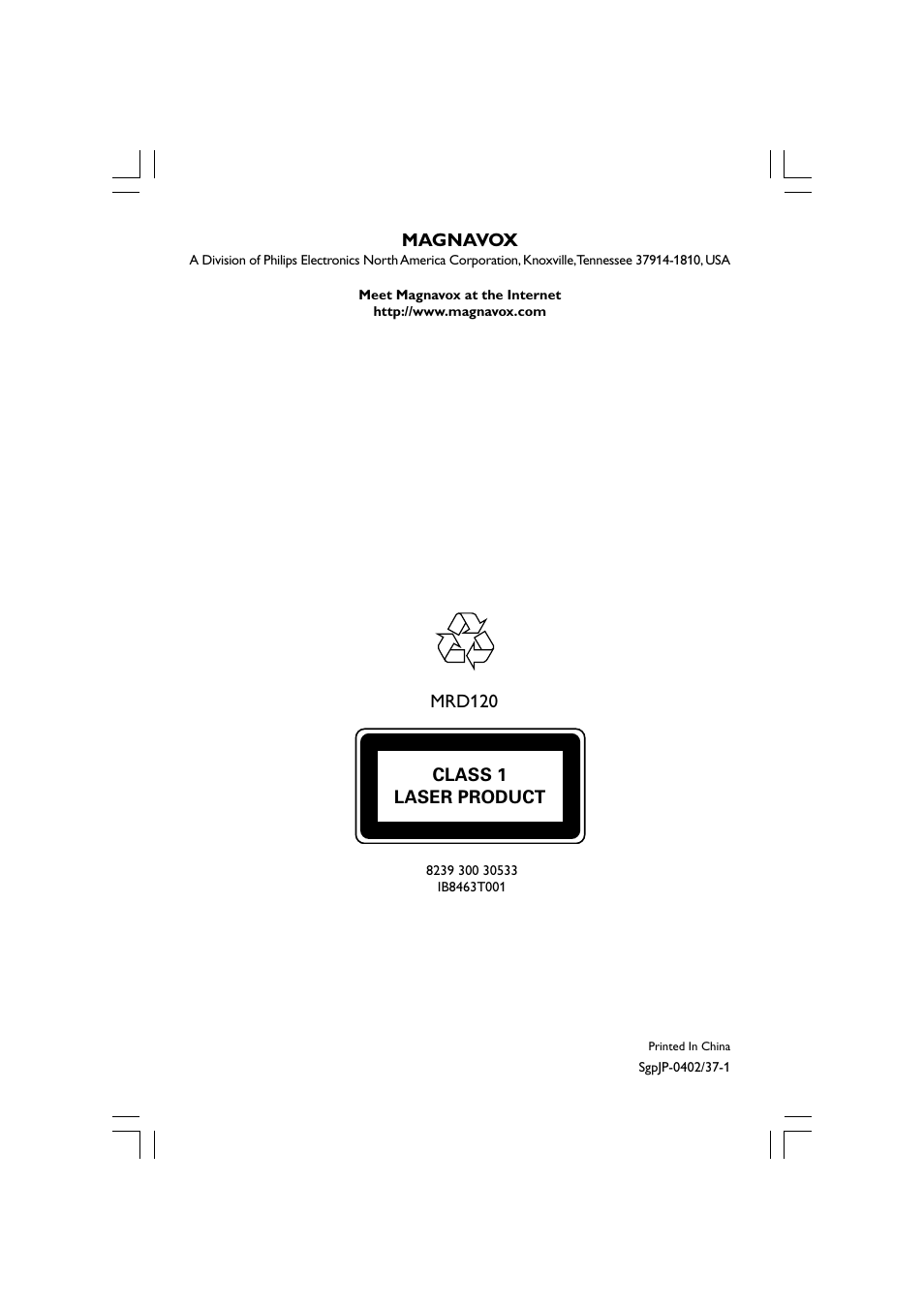 Mrd120, Magnavox, Class 1 laser product | Philips Magnavox mrd120 User Manual | Page 40 / 40