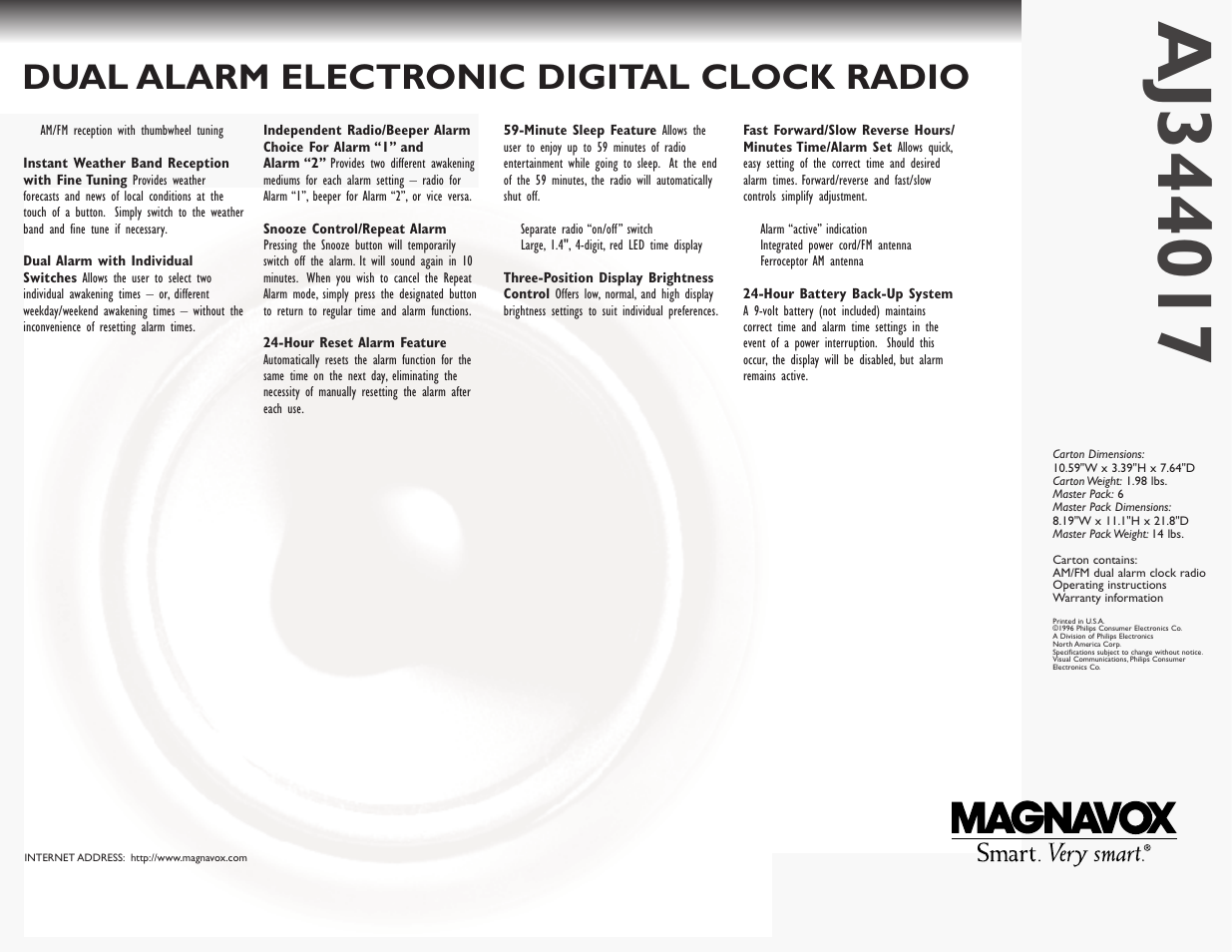 Dual alarm electronic digital clock radio | Philips Magnavox AJ344017 User Manual | Page 2 / 2