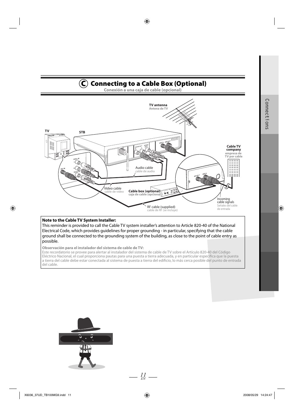 Connecting to a cable box (optional), Connections | Philips Magnavox TB100MG9 User Manual | Page 11 / 32