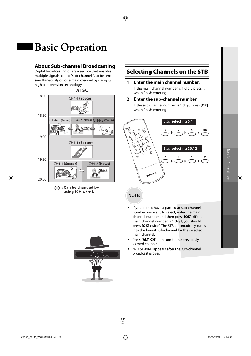Basic operation, Selecting channels on the stb, About sub-channel broadcasting | Atsc | Philips Magnavox TB100MG9 User Manual | Page 15 / 32