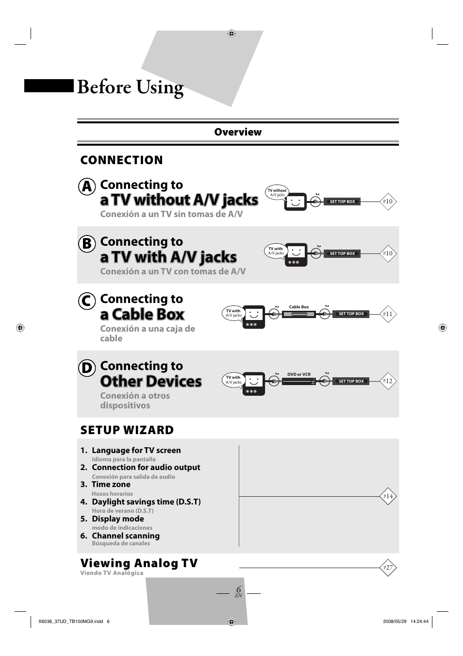 Before using, A tv without a/v jacks, A tv with a/v jacks | A cable box, Other devices, Connecting to, Connection, Setup wizard, Viewing analog tv, Overview | Philips Magnavox TB100MG9 User Manual | Page 6 / 32