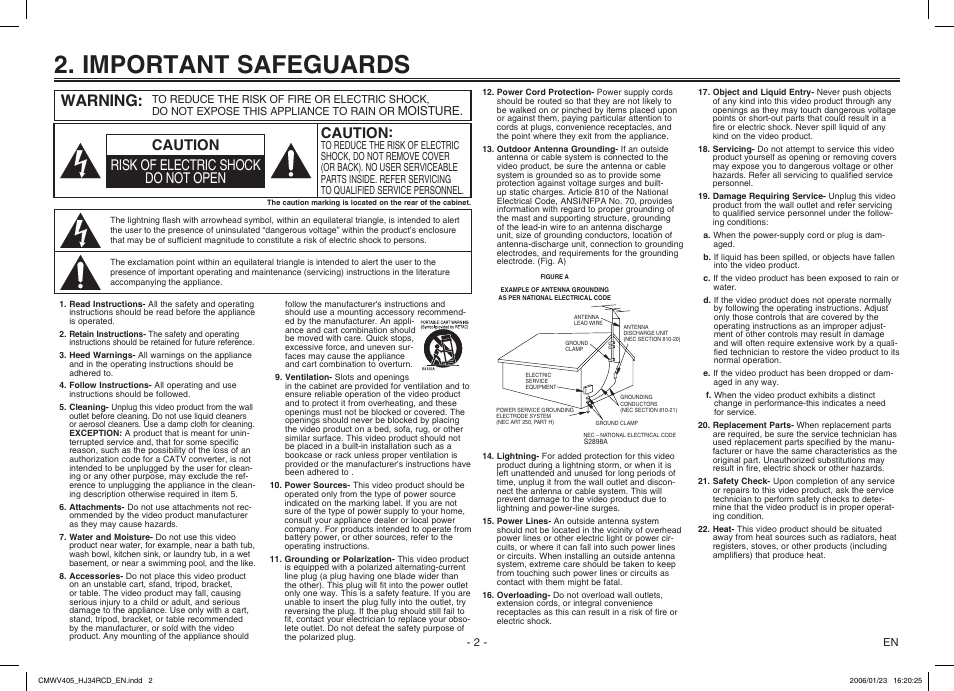 Important safeguards, Warning, Caution risk of electric shock do not open caution | Moisture | Philips Magnavox CMWV405 User Manual | Page 2 / 8