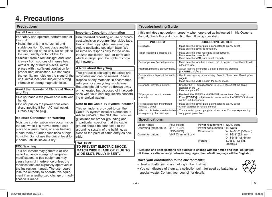 Precautions | Philips Magnavox CMWV405 User Manual | Page 4 / 8