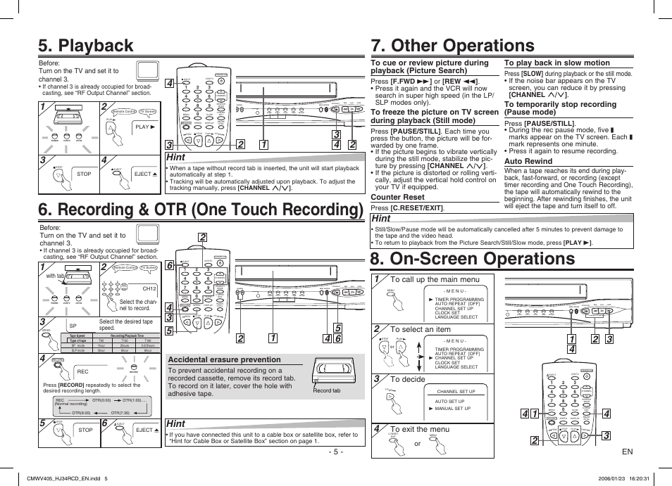 On-screen operations, Recording & otr (one touch recording), Playback | Other operations, Channel, 34 4 hint, Hint | Philips Magnavox CMWV405 User Manual | Page 5 / 8